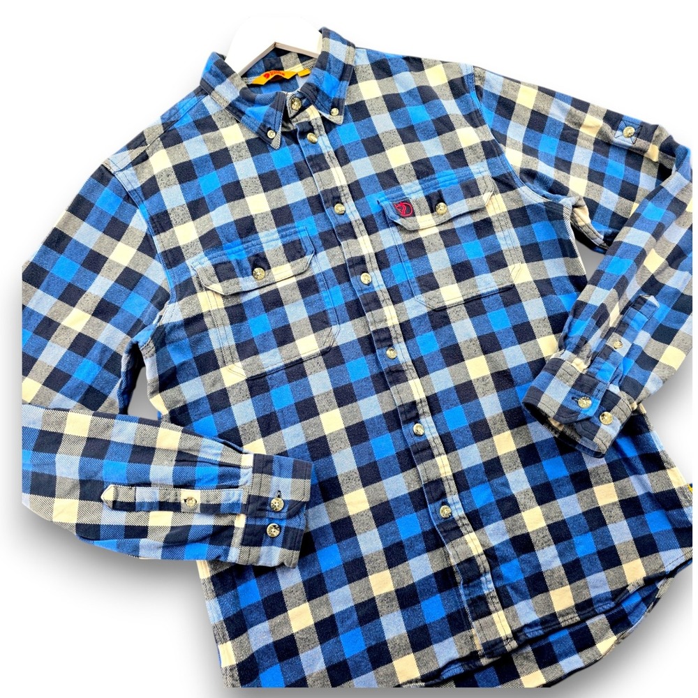 Fjallraven Mens Flannel Skog Shirt L Blue Plaid Cotton Roll Tab Sleeve Slim Fit